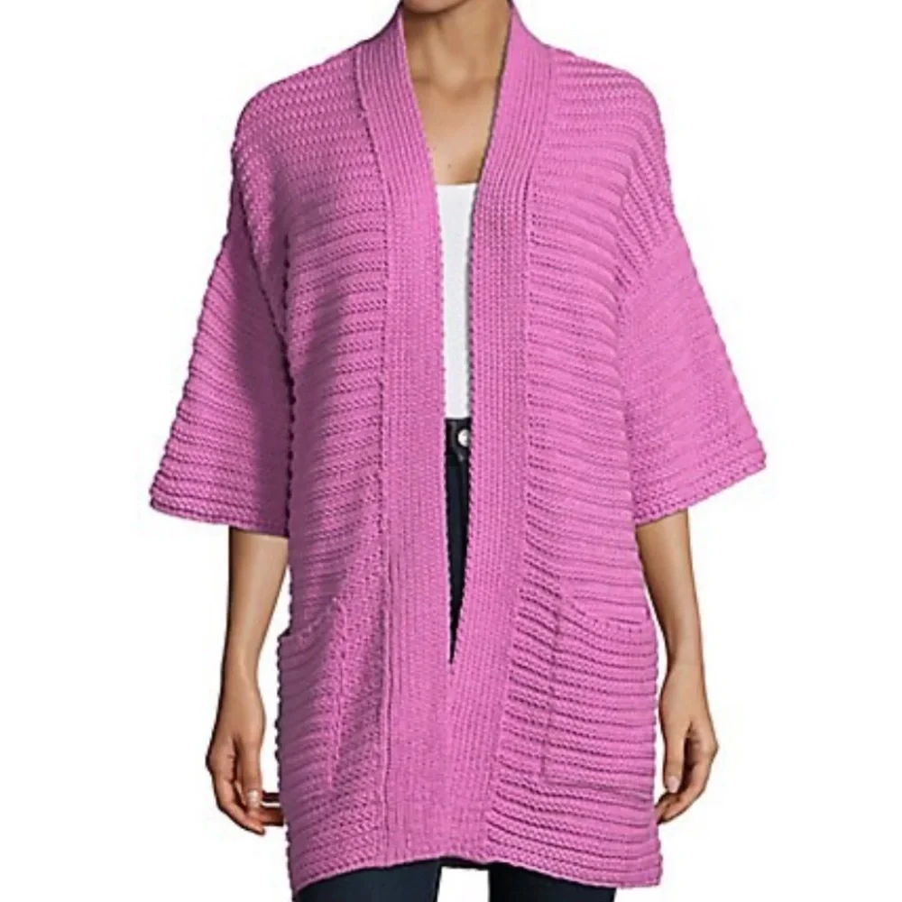 CONTEXT Ribbed Open Front Oversized Chunky Pink Cardigan Size Medium - Picture 2 of 10